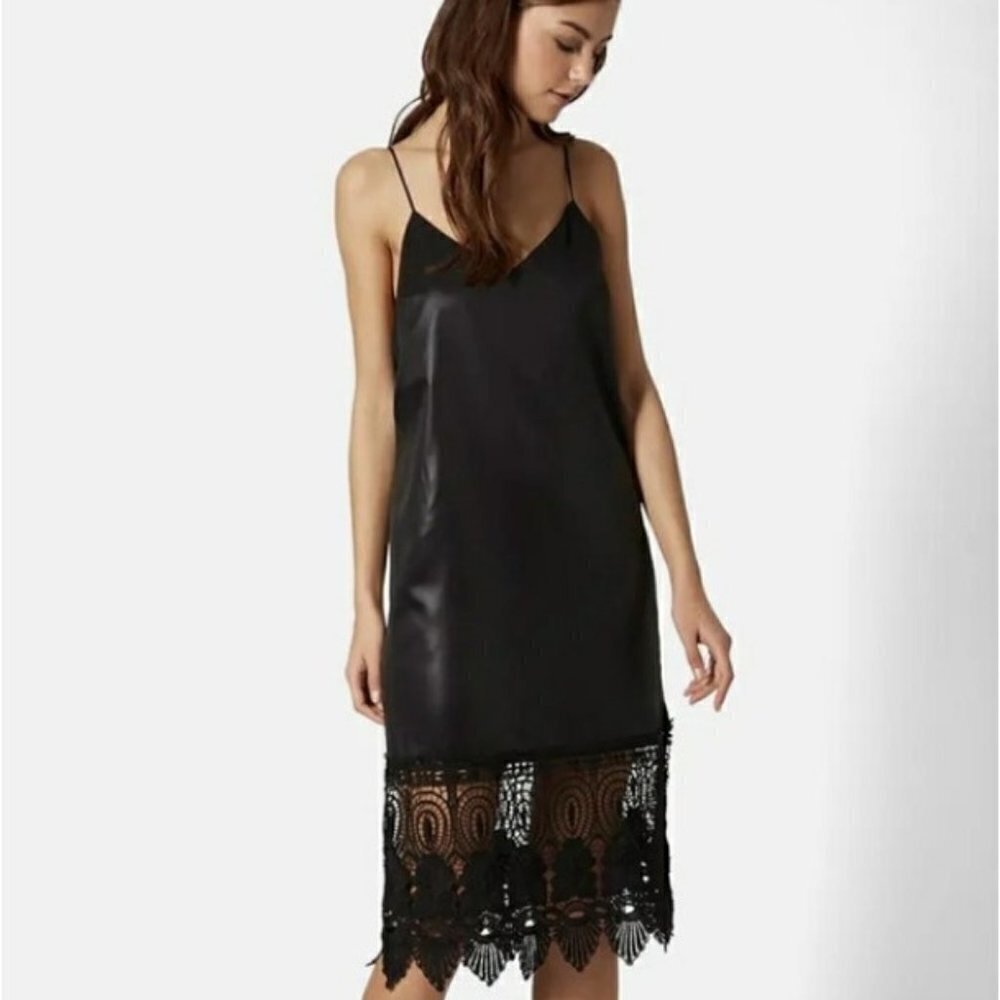 Top Shop Women's Slip Dress Midi Size 4 Black Crochet Hem Strappy